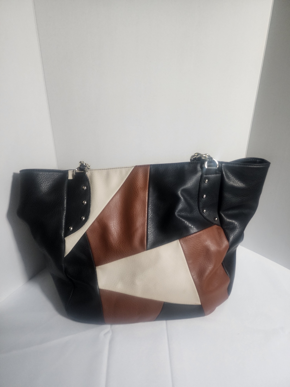 Stylish Patchwork Leather Tote Bag - Black, Brown & Cream